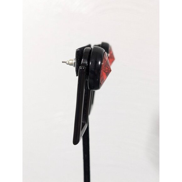 Black Red Geometric Rivoli Rhinestone Drop Earrings Statement Bold 80s - Picture 2 of 9